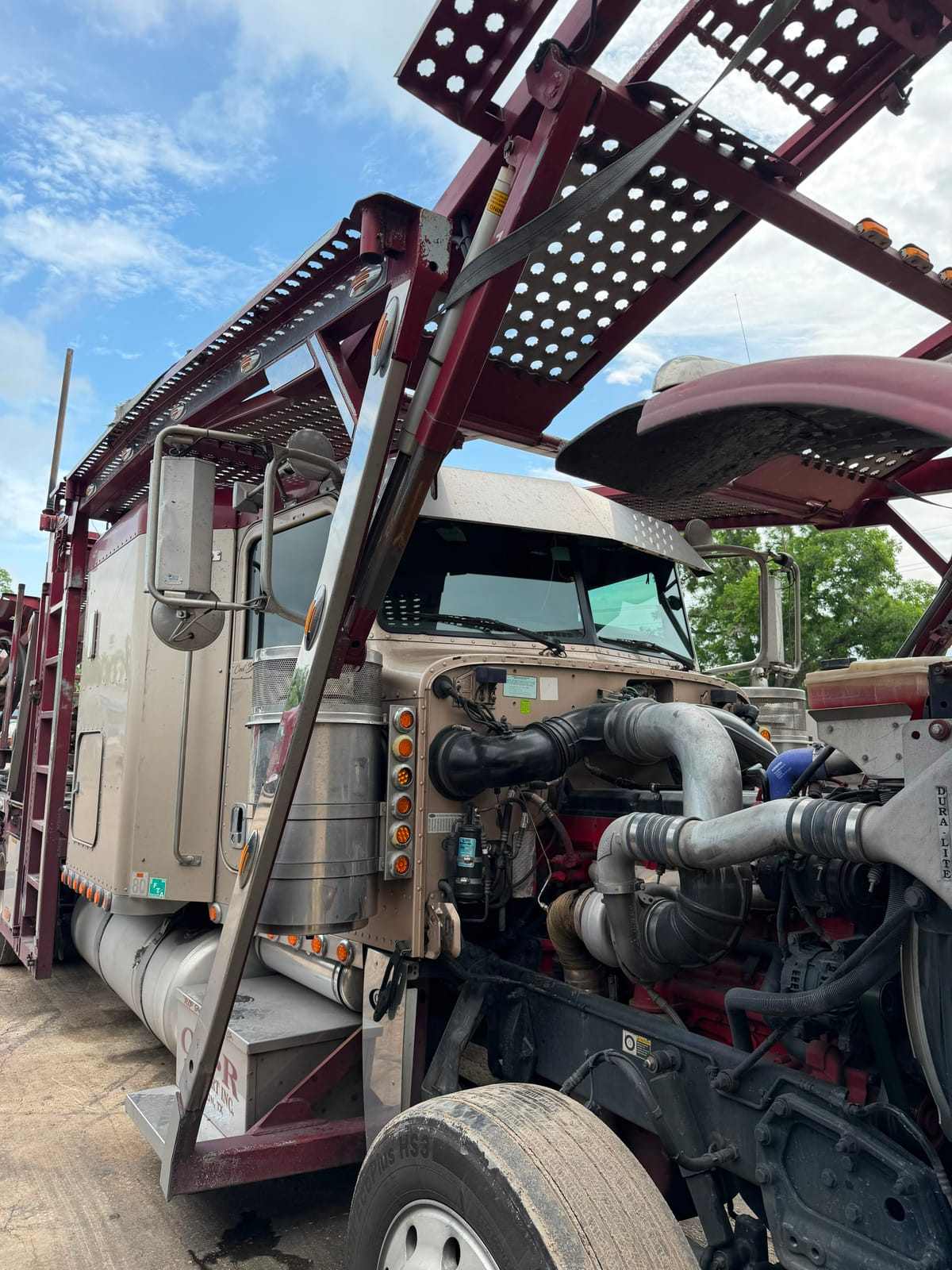 Peterbilt commercial truck cab with tinted glass at the yard